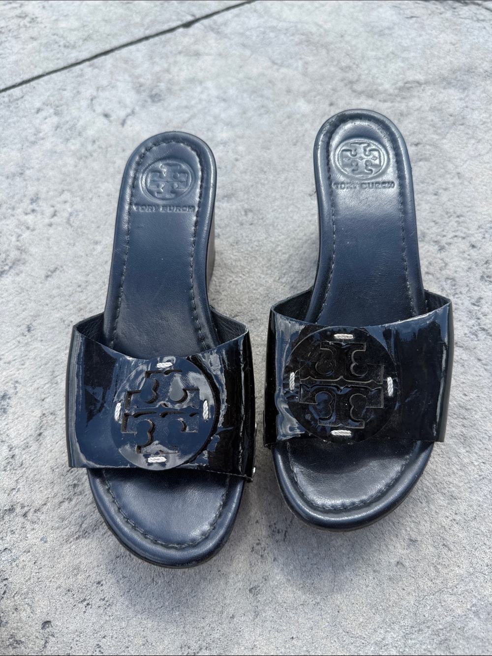 Tory Burch Black Patent Logo Slide Mules